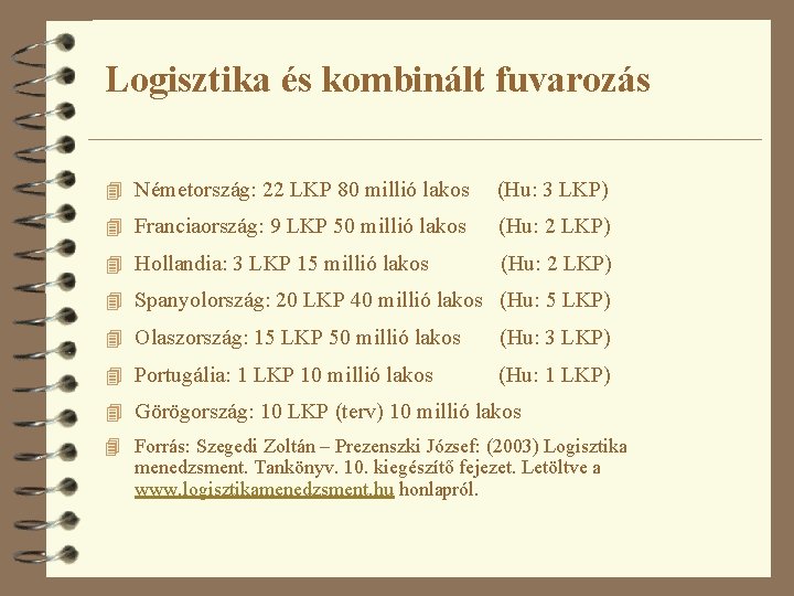 Logisztika és kombinált fuvarozás 4 Németország: 22 LKP 80 millió lakos (Hu: 3 LKP)