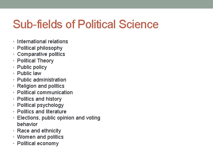 Sub-fields of Political Science International relations Political philosophy Comparative politics Political Theory Public policy Sub-fields of Political Science International relations Political philosophy Comparative politics Political Theory Public policy
