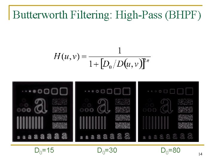 Butterworth Filtering: High-Pass (BHPF) D 0=15 D 0=30 D 0=80 14 