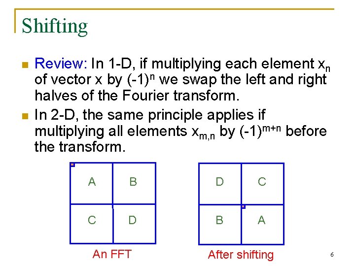 Shifting n n Review: In 1 -D, if multiplying each element xn of vector