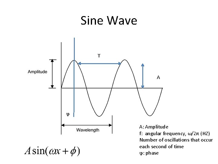 Sine Wave T A ϕ A: Amplitude f: angular frequency, ω/2π (HZ) Number of