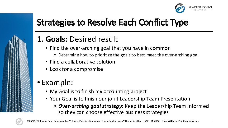 Strategies to Resolve Each Conflict Type 1. Goals: Desired result • Find the over-arching