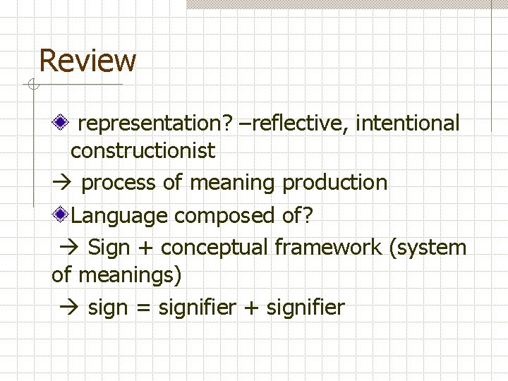 Review representation? –reflective, intentional constructionist process of meaning production Language composed of? Sign +