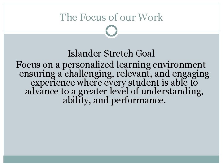The Focus of our Work Islander Stretch Goal Focus on a personalized learning environment