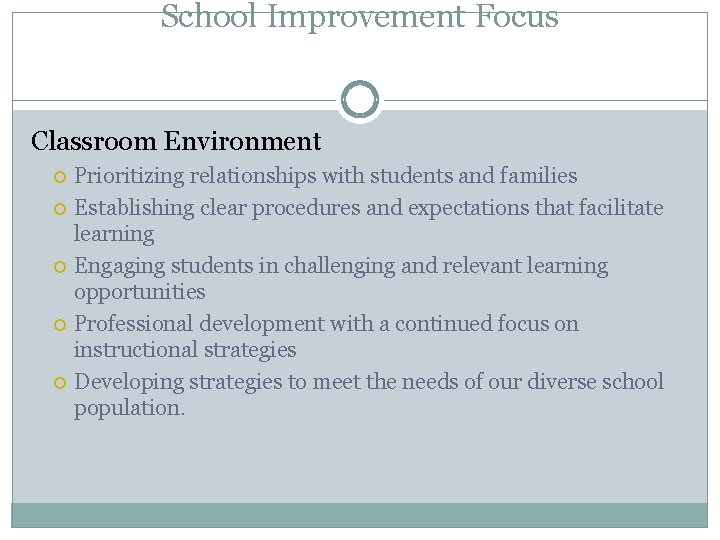 School Improvement Focus Classroom Environment Prioritizing relationships with students and families Establishing clear procedures