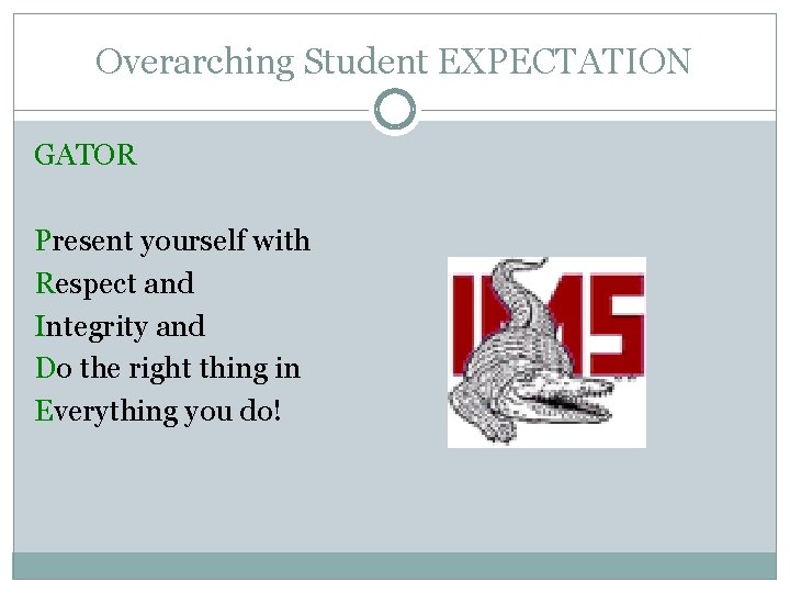 Overarching Student EXPECTATION GATOR Present yourself with Respect and Integrity and Do the right