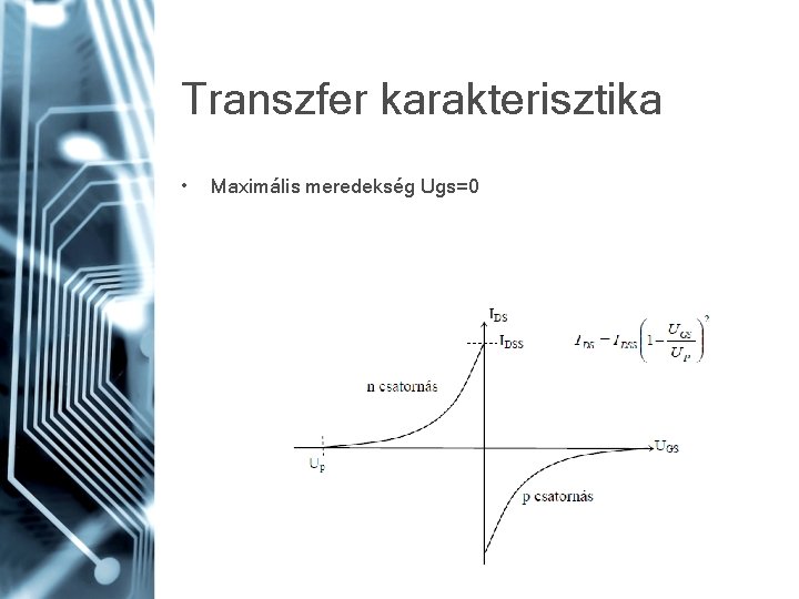 Transzfer karakterisztika • Maximális meredekség Ugs=0 