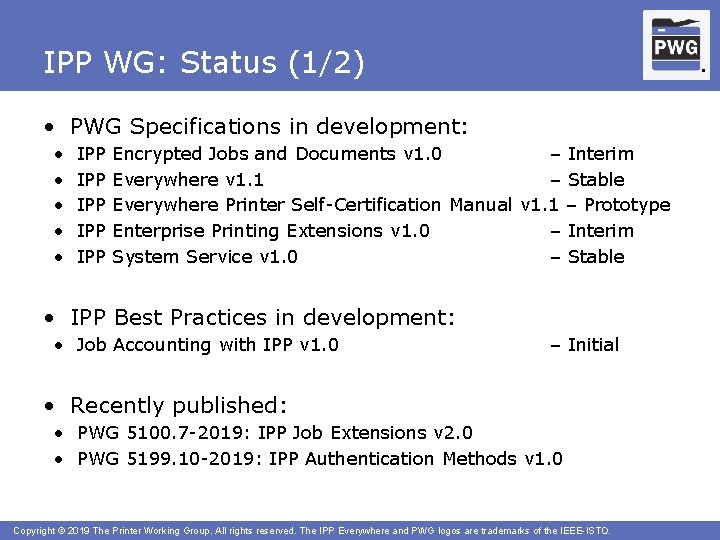 IPP WG: Status (1/2) ® ® • PWG Specifications in development: • • •