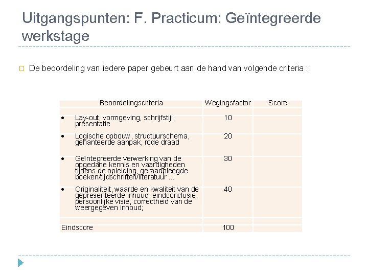 Uitgangspunten: F. Practicum: Geïntegreerde werkstage � De beoordeling van iedere paper gebeurt aan de