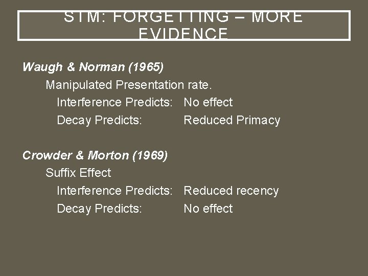 STM: FORGETTING – MORE EVIDENCE Waugh & Norman (1965) Manipulated Presentation rate. Interference Predicts: