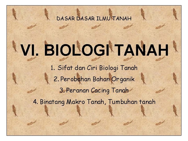 DASAR ILMU TANAH VI. BIOLOGI TANAH 1. Sifat dan Ciri Biologi Tanah 2. Perobahan