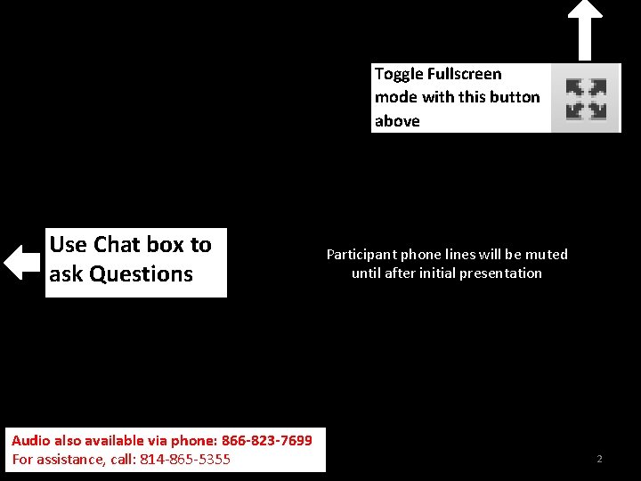 Toggle Fullscreen mode with this button above Use Chat box to ask Questions Audio