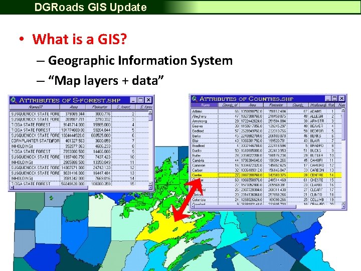DGRoads GIS Update • What is a GIS? – Geographic Information System – “Map