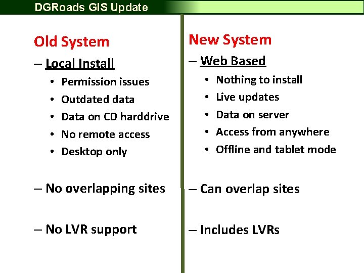 DGRoads GIS Update Old System New System – Local Install – Web Based •