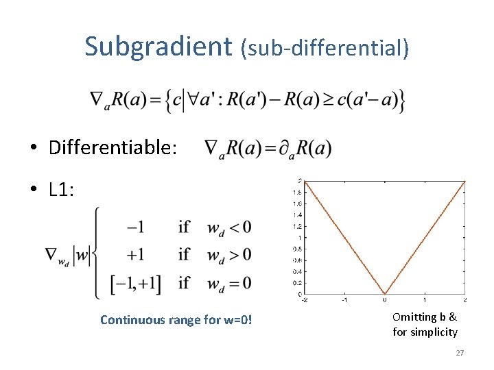 Subgradient (sub-differential) • Differentiable: • L 1: Continuous range for w=0! Omitting b &