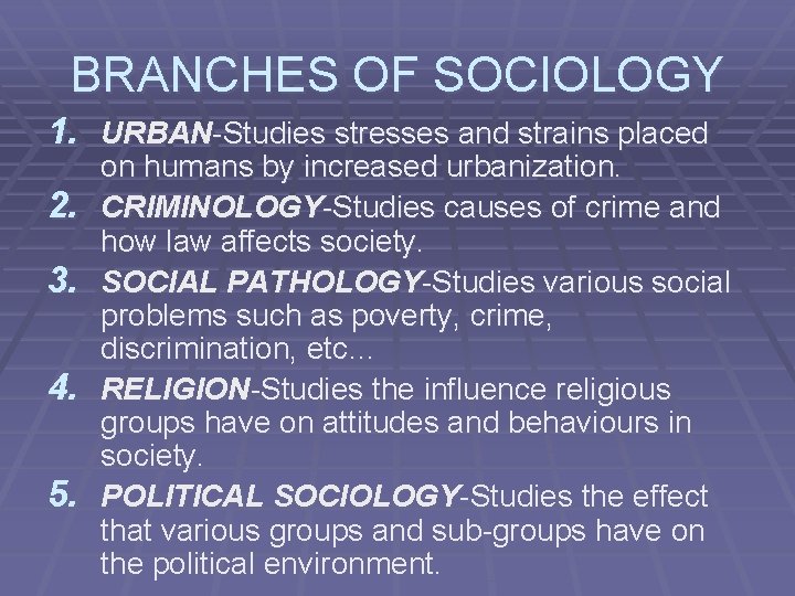 BRANCHES OF SOCIOLOGY 1. URBAN-Studies stresses and strains placed 2. 3. 4. 5. on