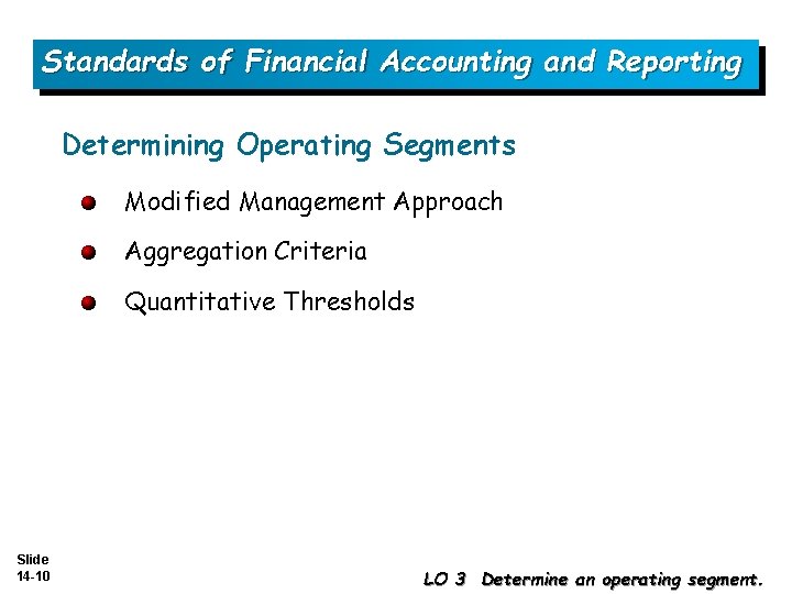 Standards of Financial Accounting and Reporting Determining Operating Segments Modified Management Approach Aggregation Criteria
