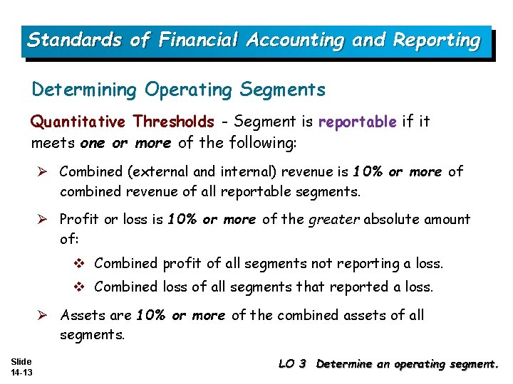 Standards of Financial Accounting and Reporting Determining Operating Segments Quantitative Thresholds - Segment is