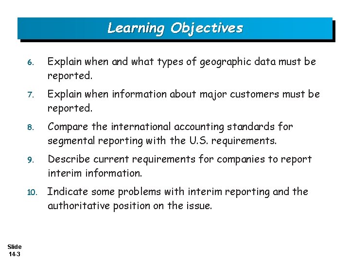 Learning Objectives Slide 14 -3 6. Explain when and what types of geographic data