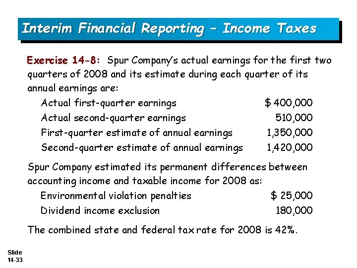 Interim Financial Reporting – Income Taxes Exercise 14 -8: Spur Company’s actual earnings for