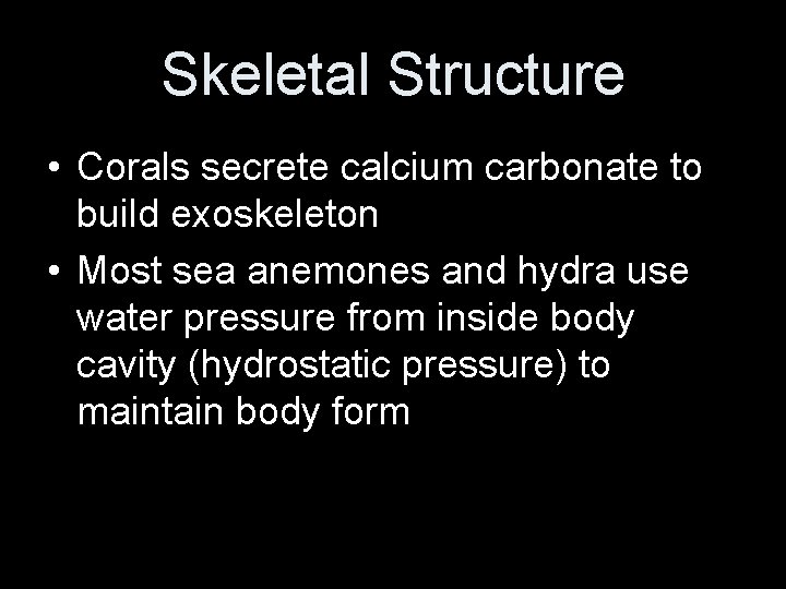 Skeletal Structure • Corals secrete calcium carbonate to build exoskeleton • Most sea anemones