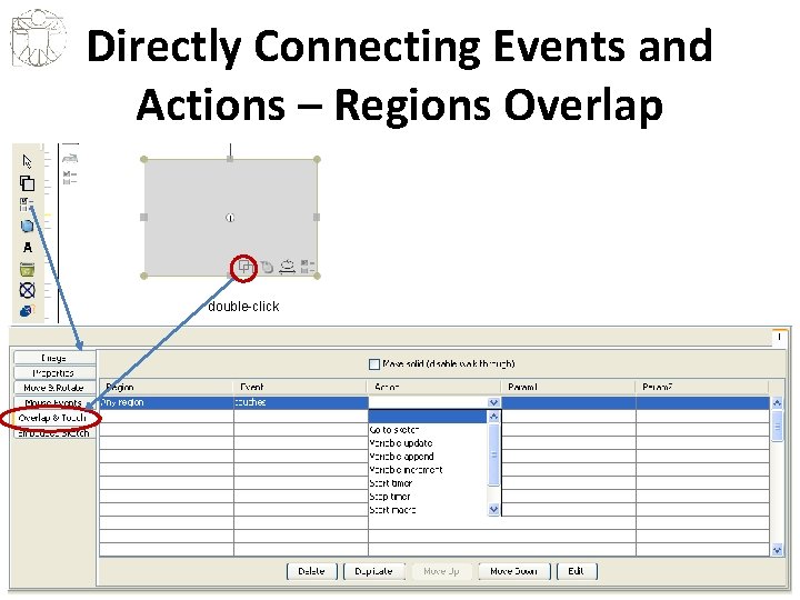 Directly Connecting Events and Actions – Regions Overlap double-click 