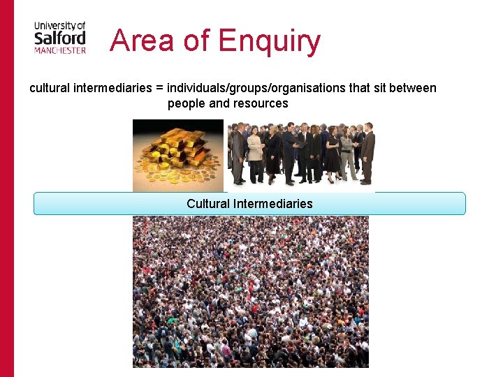 Area of Enquiry cultural intermediaries = individuals/groups/organisations that sit between people and resources Cultural
