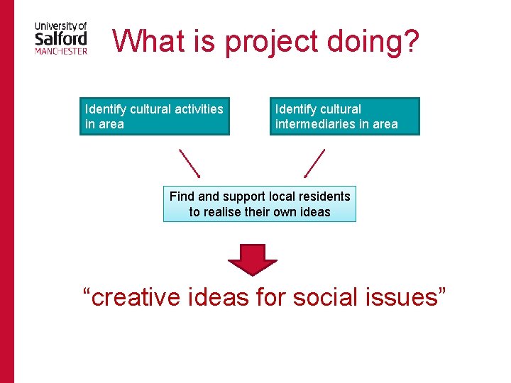 What is project doing? Identify cultural activities in area Identify cultural intermediaries in area