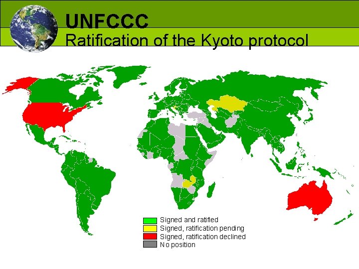 UNFCCC Ratification of the Kyoto protocol Signed and ratified Signed, ratification pending Signed, ratification