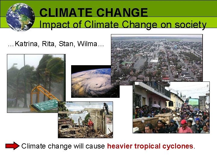 CLIMATE CHANGE Impact of Climate Change on society …Katrina, Rita, Stan, Wilma… Climate change
