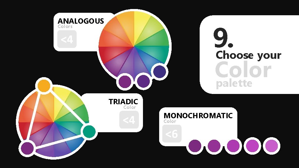 ANALOGOUS . your 9 Choose Colors <4 Color palette TRIADIC Colors <4 MONOCHROMATIC Color