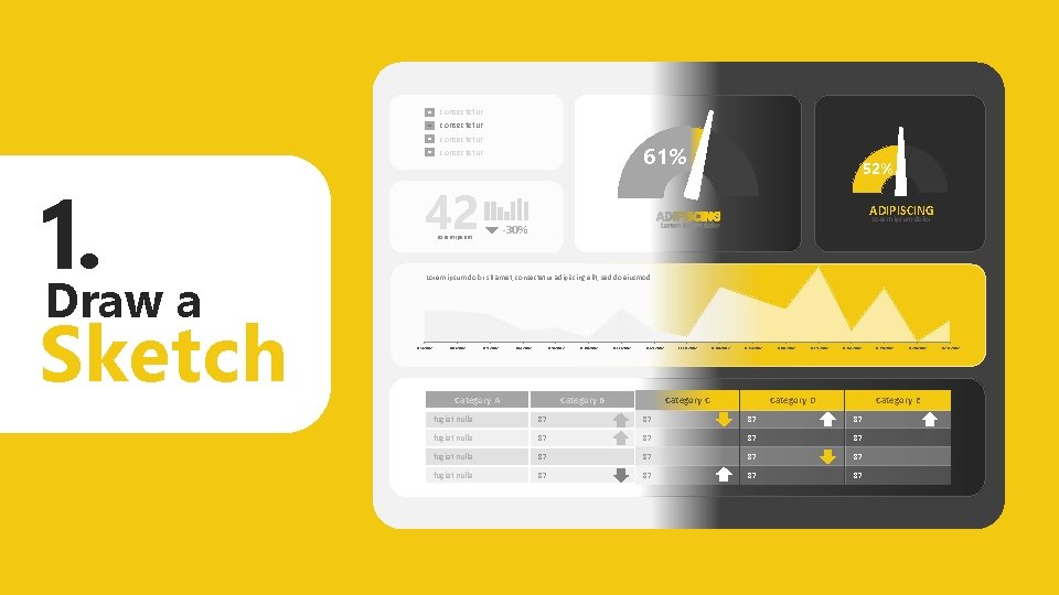 consectetur 61% consectetur 1. Draw a Sketch 42 52% ADIPISCING Lorem ipsum dolor -30%