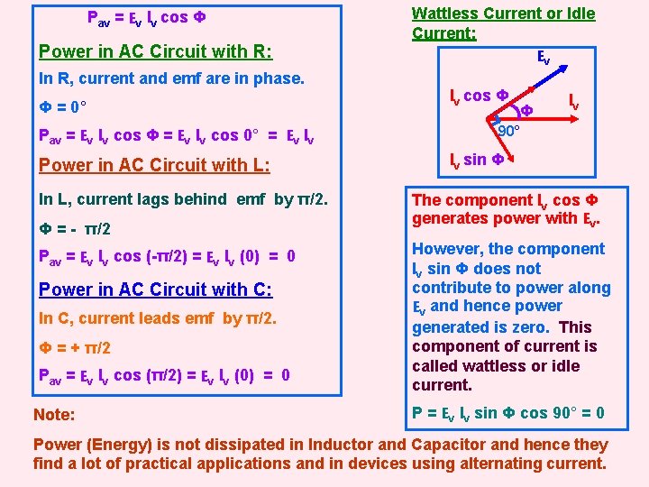 Pav = Ev Iv cos Φ Power in AC Circuit with R: In R,