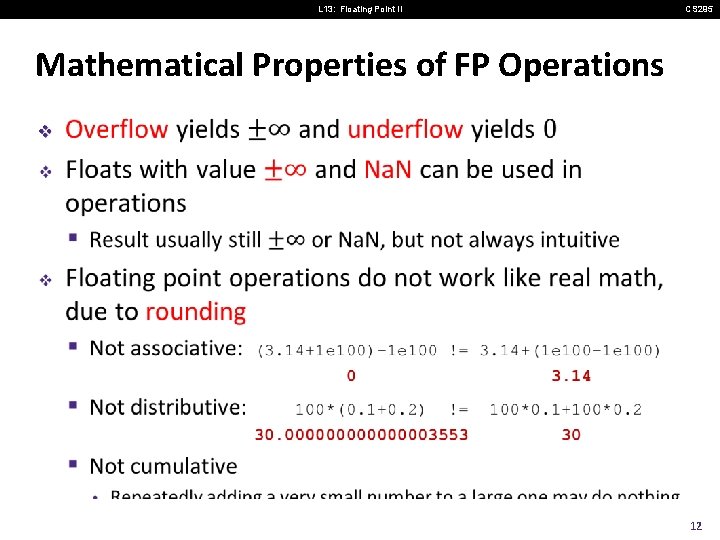 L 13: Floating Point II CS 295 Mathematical Properties of FP Operations v 12