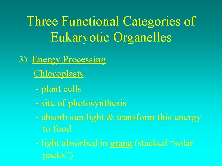 Three Functional Categories of Eukaryotic Organelles 3) Energy Processing Chloroplasts - plant cells -