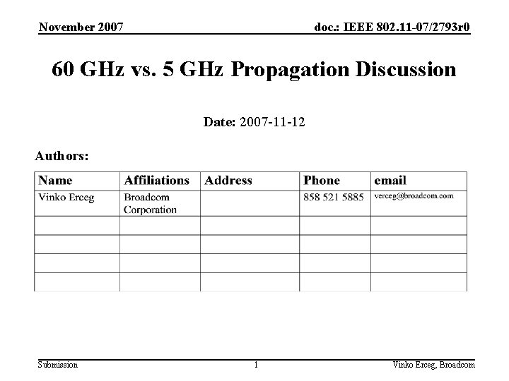 November 2007 doc. : IEEE 802. 11 -07/2793 r 0 60 GHz vs. 5