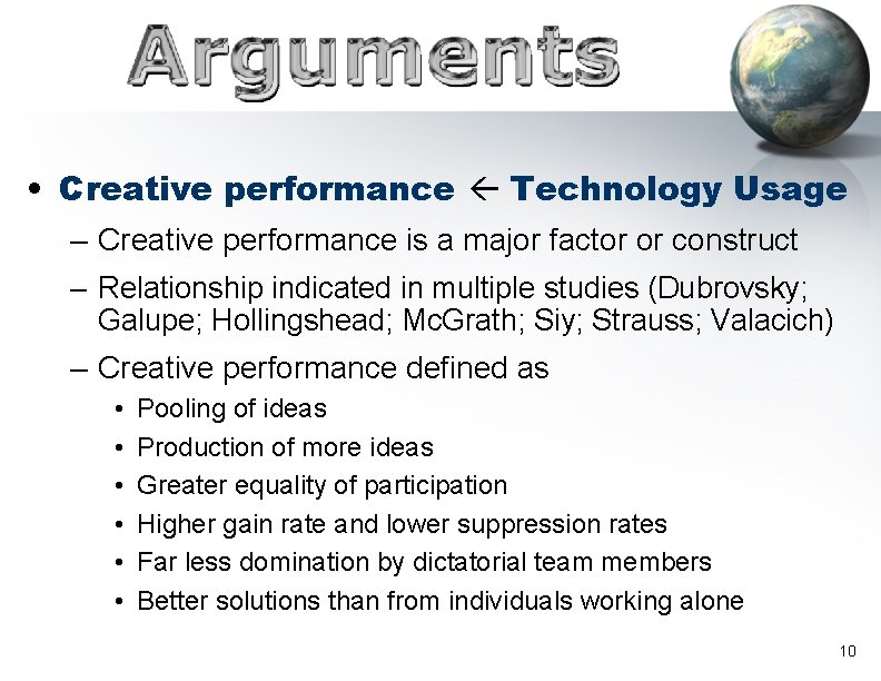  • Creative performance Technology Usage – Creative performance is a major factor or
