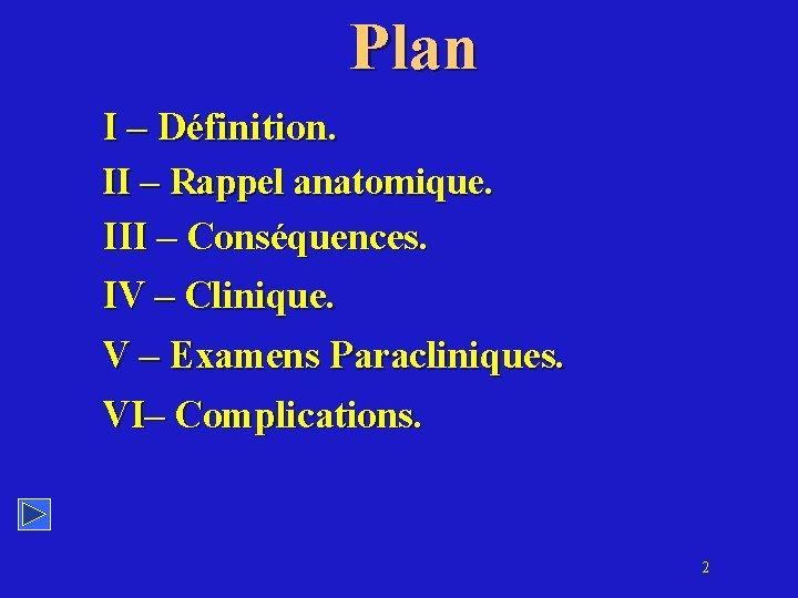 Plan I – Définition. II – Rappel anatomique. III – Conséquences. IV – Clinique.