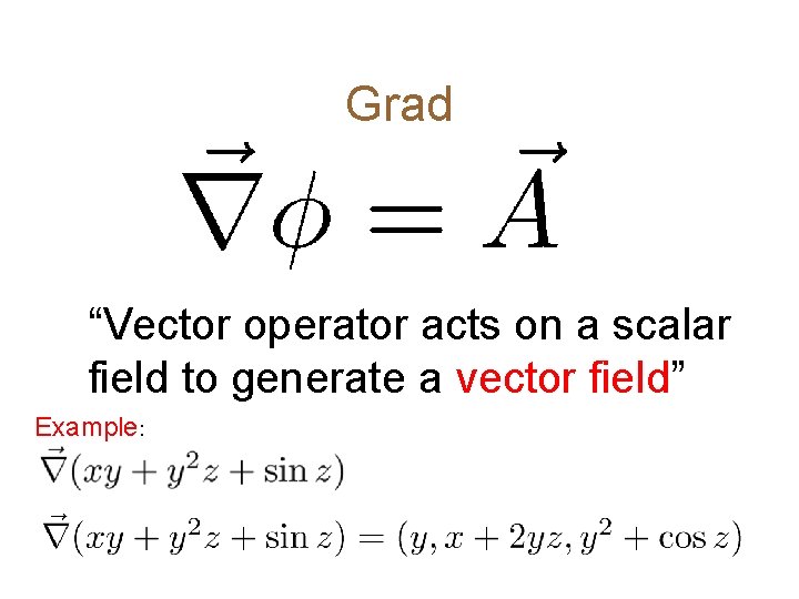 Grad “Vector operator acts on a scalar field to generate a vector field” Example: