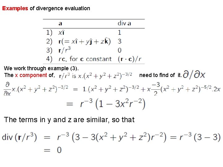 Examples of divergence evaluation We work through example (3). The x component of, and