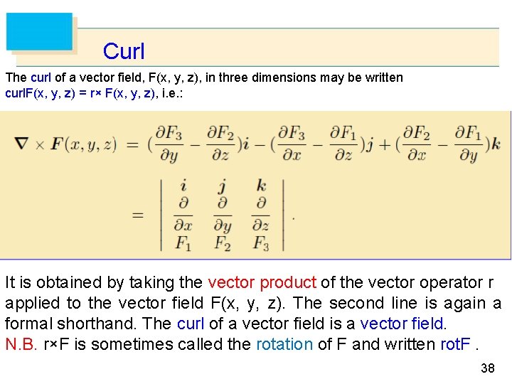Curl The curl of a vector field, F(x, y, z), in three dimensions may
