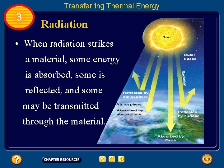 Transferring Thermal Energy 3 Radiation • When radiation strikes a material, some energy is