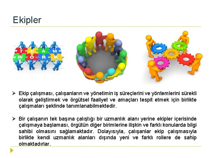 Ekipler Ø Ekip çalışması, çalışanların ve yönetimin iş süreçlerini ve yöntemlerini sürekli olarak geliştirmek