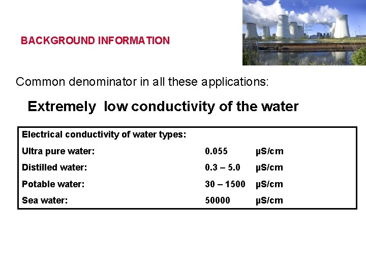 BACKGROUND INFORMATION Common denominator in all these applications: Extremely low conductivity of the water