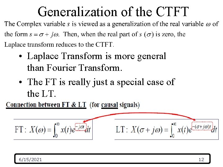 Generalization of the CTFT • Laplace Transform is more general than Fourier Transform. • Generalization of the CTFT • Laplace Transform is more general than Fourier Transform. •