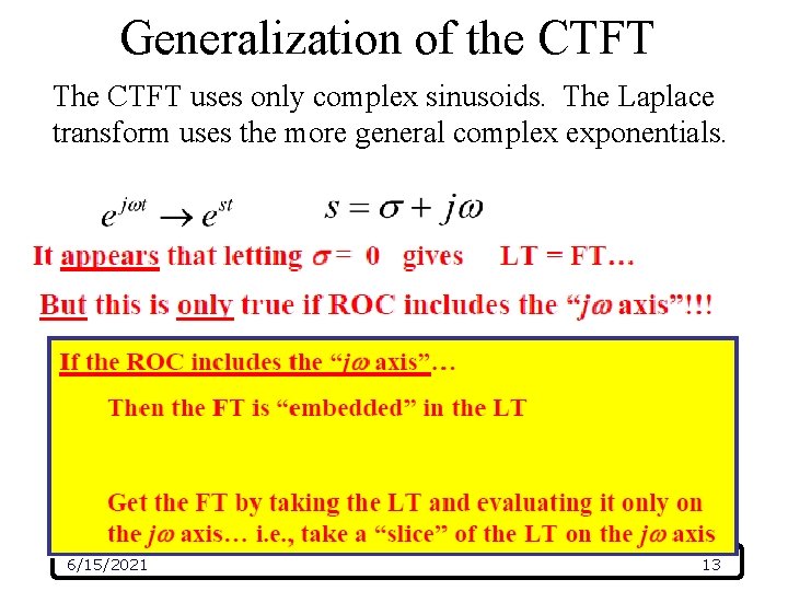 Generalization of the CTFT The CTFT uses only complex sinusoids. The Laplace transform uses Generalization of the CTFT The CTFT uses only complex sinusoids. The Laplace transform uses