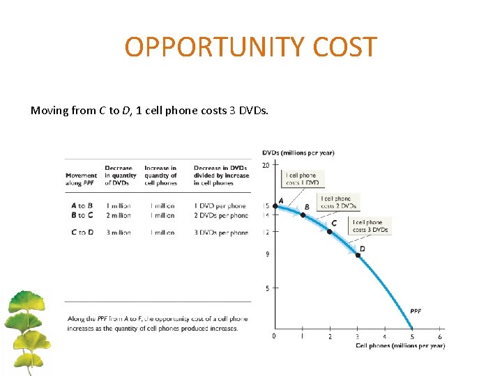 OPPORTUNITY COST Moving from C to D, 1 cell phone costs 3 DVDs. 