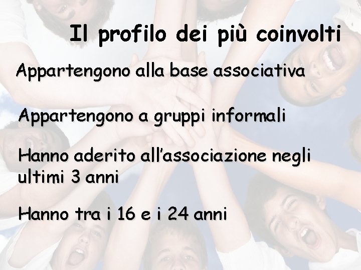 Il profilo dei più coinvolti Appartengono alla base associativa Appartengono a gruppi informali Hanno