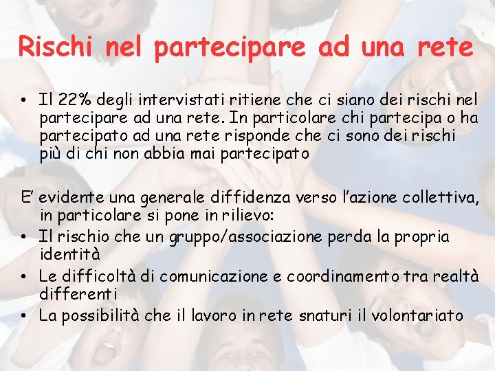 Rischi nel partecipare ad una rete • Il 22% degli intervistati ritiene che ci