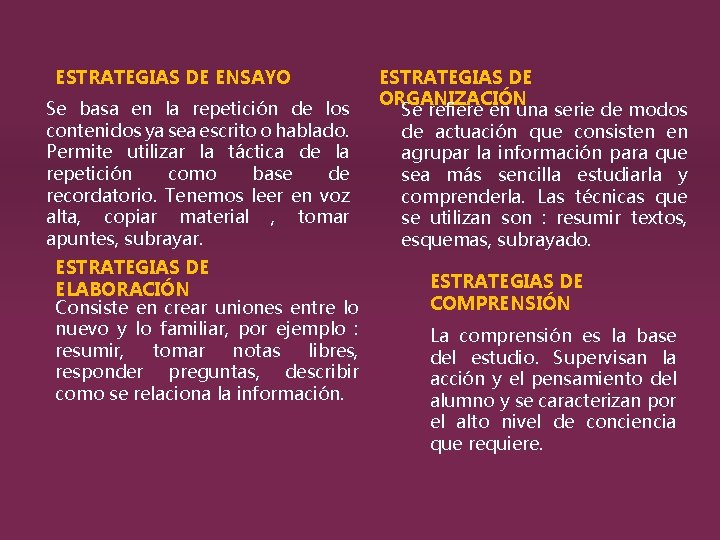 ESTRATEGIAS DE ENSAYO Se basa en la repetición de los contenidos ya sea escrito